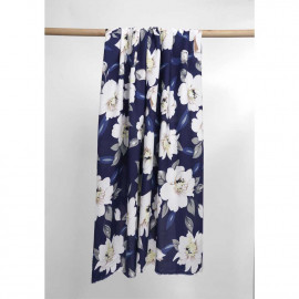 Tissu viscose bleu nuit à motif grosse fleur blanc et beige | Pretty Mercerie | mercerie en ligne