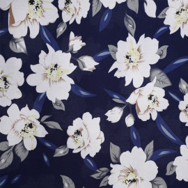 Tissu viscose bleu nuit à motif grosse fleur blanc et beige | Pretty Mercerie | mercerie en ligne