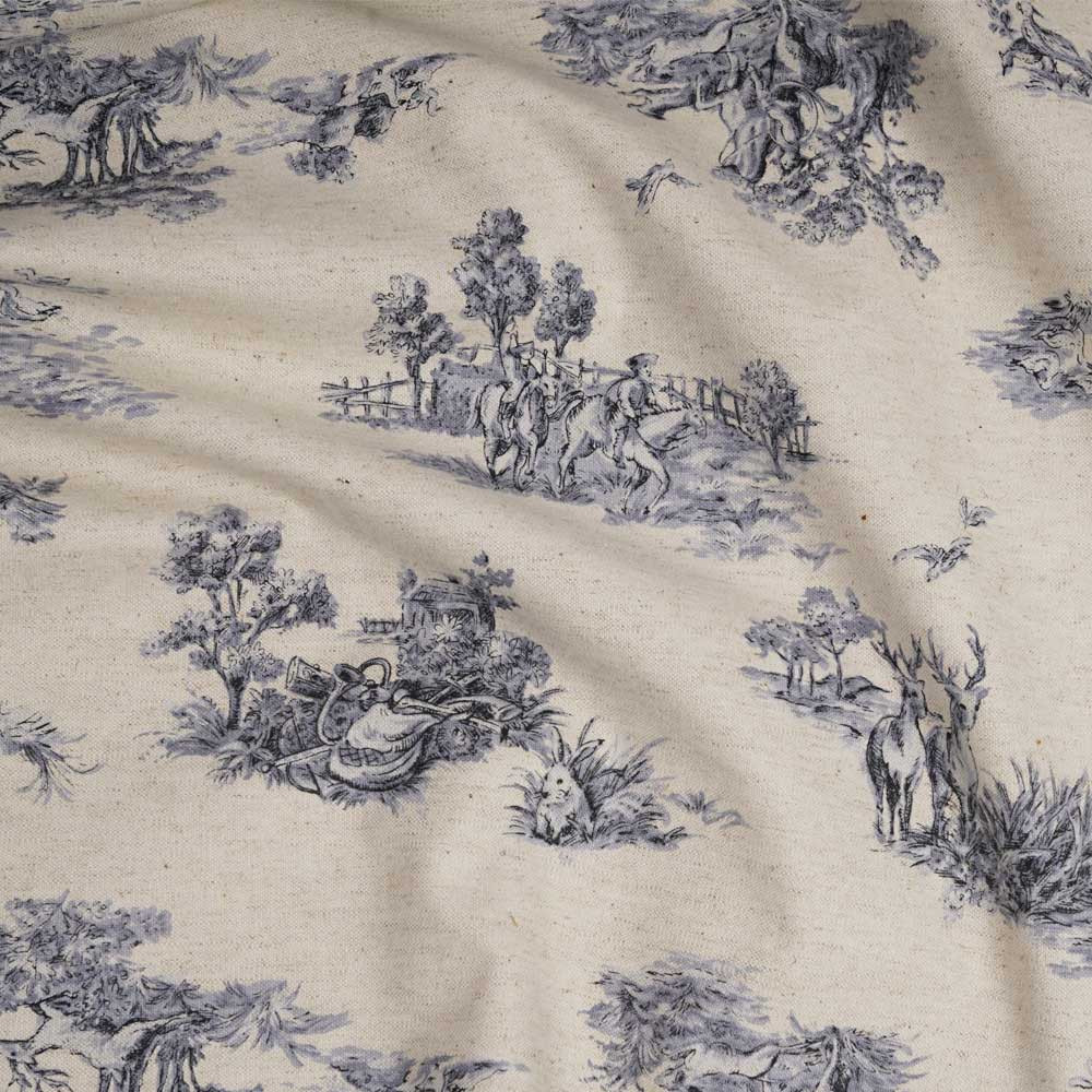 Tissu toile de coton et lin écru à motif toile jouy bleu | Pretty Mercerie | mercerie en ligne