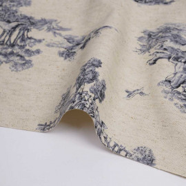 Tissu toile de coton et lin écru à motif toile jouy bleu | Pretty Mercerie | mercerie en ligne