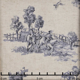 Tissu toile de coton et lin écru à motif toile jouy bleu | Pretty Mercerie | mercerie en ligne