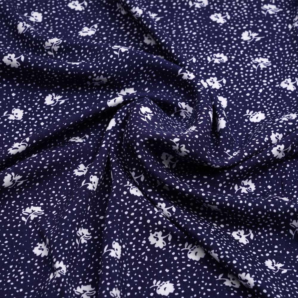 Tissu viscose bleu marine à motif fleuri et pois blanc | Pretty Mercerie | mercerie en ligne