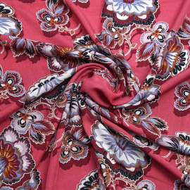 Tissu viscose rose corail à motif fleuri ethnique multicolore | Pretty Mercerie | mercerie en ligne