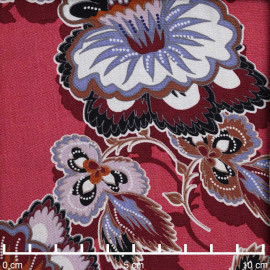 Tissu viscose rose corail à motif fleuri ethnique multicolore | Pretty Mercerie | mercerie en ligne