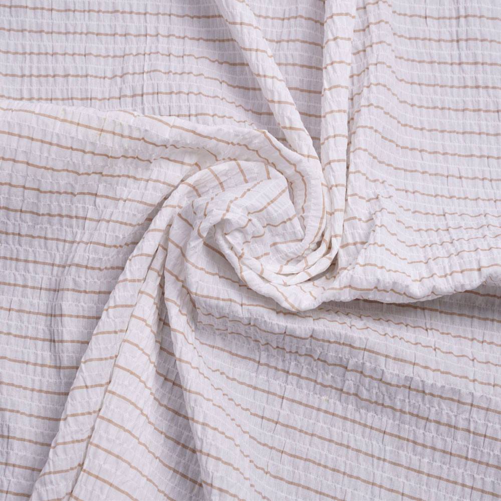 Tissu coton blanc froncé à rayures beige rosé | Pretty Mercerie | mercerie en ligne