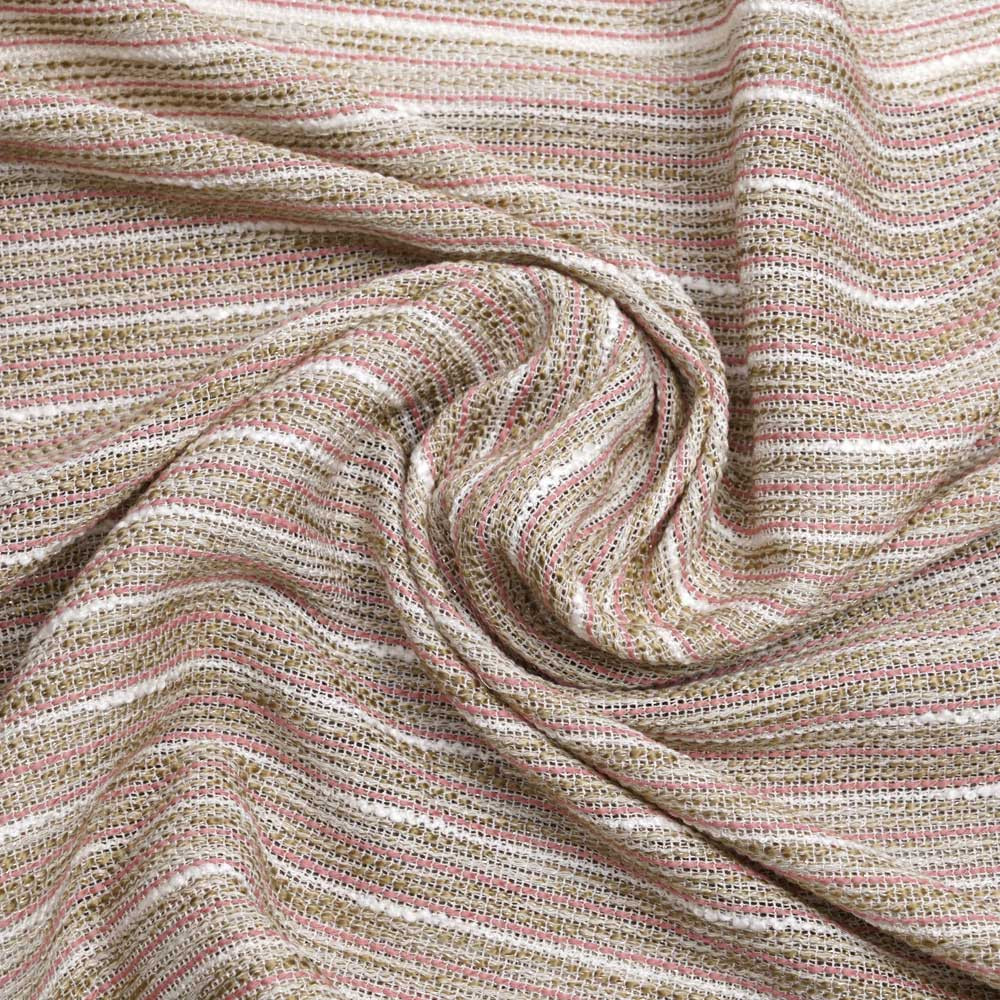 Tissu tweed tissé à rayures blanc, beige et vieux rose | Pretty Mercerie | mercerie en ligne