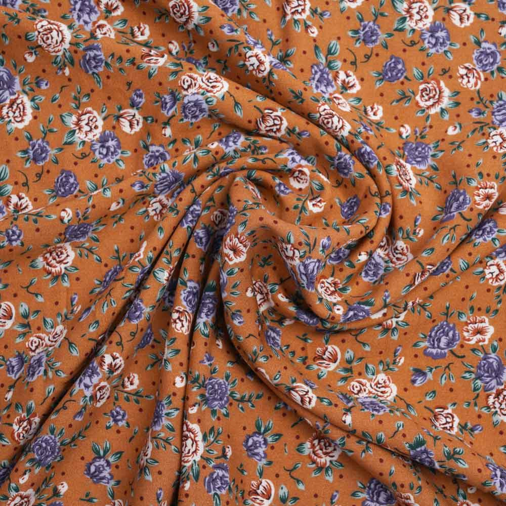 Tissu viscose caramel à motif fleurs des champs | Pretty mercerie | mercerie en ligne