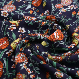 Tissu viscose bleu foncé à motif fleurs des champs orange, jaune et vert | Pretty Mercerie | Mercerie en ligne