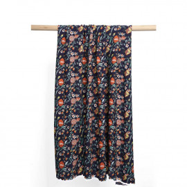 Tissu viscose bleu foncé à motif fleurs des champs orange, jaune et vert | Pretty Mercerie | Mercerie en ligne