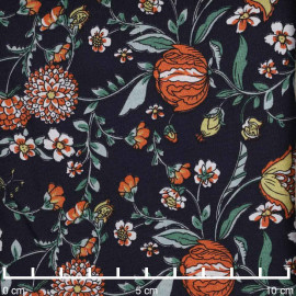 Tissu viscose bleu foncé à motif fleurs des champs orange, jaune et vert | Pretty Mercerie | Mercerie en ligne