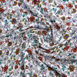 Tissu viscose blanc à motif fleur de prairie moutarde, bleu, brique | Pretty Mercerie | Mercerie en ligne