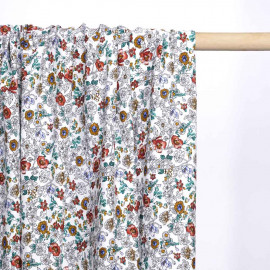 Tissu viscose blanc à motif fleur de prairie moutarde, bleu, brique | Pretty Mercerie | Mercerie en ligne