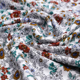 Tissu viscose blanc à motif fleur de prairie moutarde, bleu, brique | Pretty Mercerie | Mercerie en ligne