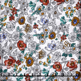 Tissu viscose blanc à motif fleur de prairie moutarde, bleu, brique | Pretty Mercerie | Mercerie en ligne