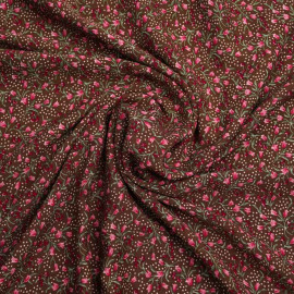 Tissu viscose marron à motif rose et petites étoiles blanches | Pretty Mercerie | Mercerie en ligne