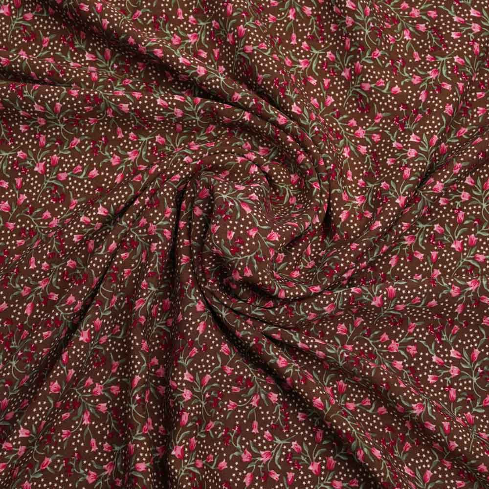 Tissu viscose marron à motif rose et petites étoiles blanches | Pretty Mercerie | Mercerie en ligne