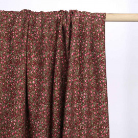 Tissu viscose marron à motif rose et petites étoiles blanches | Pretty Mercerie | Mercerie en ligne