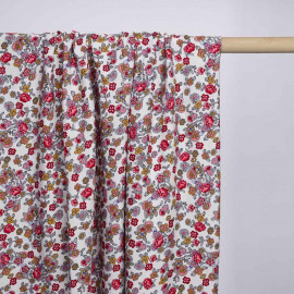 Tissu viscose blanc à motif fleurs gipsy fuchsia moutarde et gris | Pretty Mercerie | Mercerie en ligne