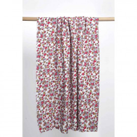 Tissu viscose blanc à motif fleurs gipsy fuchsia moutarde et gris | Pretty Mercerie | Mercerie en ligne
