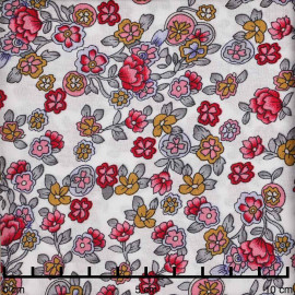 Tissu viscose blanc à motif fleurs gipsy fuchsia moutarde et gris | Pretty Mercerie | Mercerie en ligne