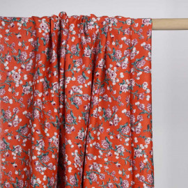Tissu viscose mandarine à motif florale vieux rose et vert | Pretty Mercerie | Mercerie en ligne