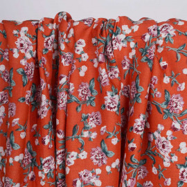 Tissu viscose mandarine à motif florale vieux rose et vert | Pretty Mercerie | Mercerie en ligne