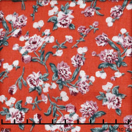 Tissu viscose mandarine à motif florale vieux rose et vert | Pretty Mercerie | Mercerie en ligne