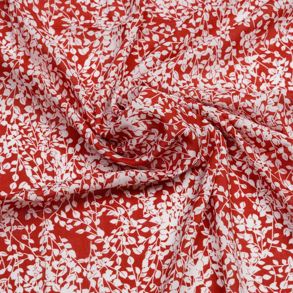 Tissu viscose paprika à motif branche fleuri blanche | Pretty Mercerie | Mercerie en ligne