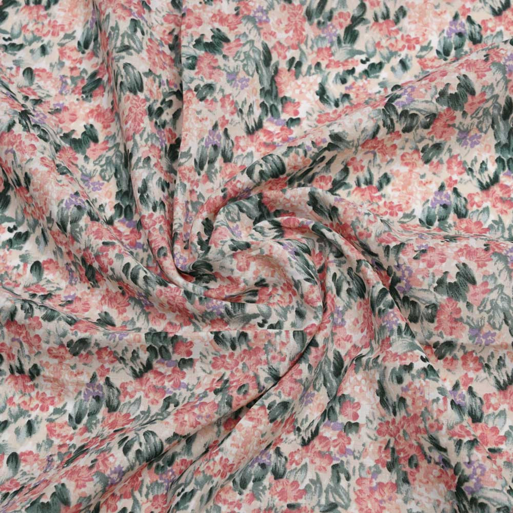 Tissu coton birch à motif bloom rose corail, mauve et vert| Pretty Mercerie | Mercerie en ligne