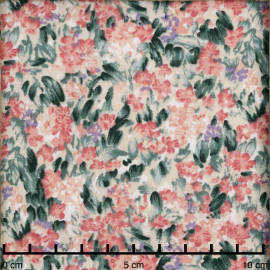 Tissu coton birch à motif bloom rose corail, mauve et vert| Pretty Mercerie | Mercerie en ligne