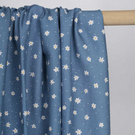 Tissu viscose parisian blue à motif petite marguerite et petit pois blanc  | Pretty Mercerie | Mercerie en ligne