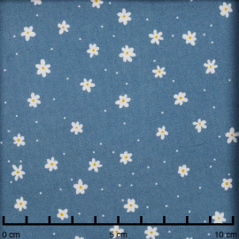 Tissu viscose parisian blue à motif petite marguerite et petit pois blanc  | Pretty Mercerie | Mercerie en ligne