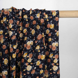 Tissu viscose bleu nuit à motif petite rose moutarde, bleu et orange  | Pretty Mercerie | Mercerie en ligne