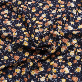 Tissu viscose bleu nuit à motif petite rose moutarde, bleu et orange  | Pretty Mercerie | Mercerie en ligne