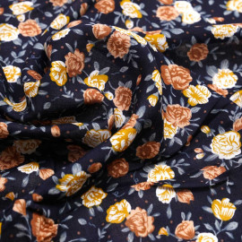 Tissu viscose bleu nuit à motif petite rose moutarde, bleu et orange  | Pretty Mercerie | Mercerie en ligne