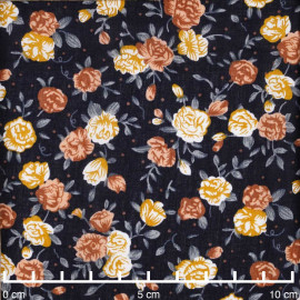 Tissu viscose bleu nuit à motif petite rose moutarde, bleu et orange  | Pretty Mercerie | Mercerie en ligne