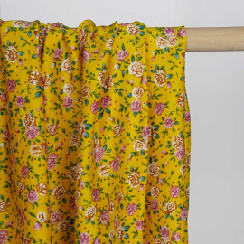 Tissu viscose petite rose vieux rose, orange et vert  | Pretty Mercerie | Mercerie en ligne