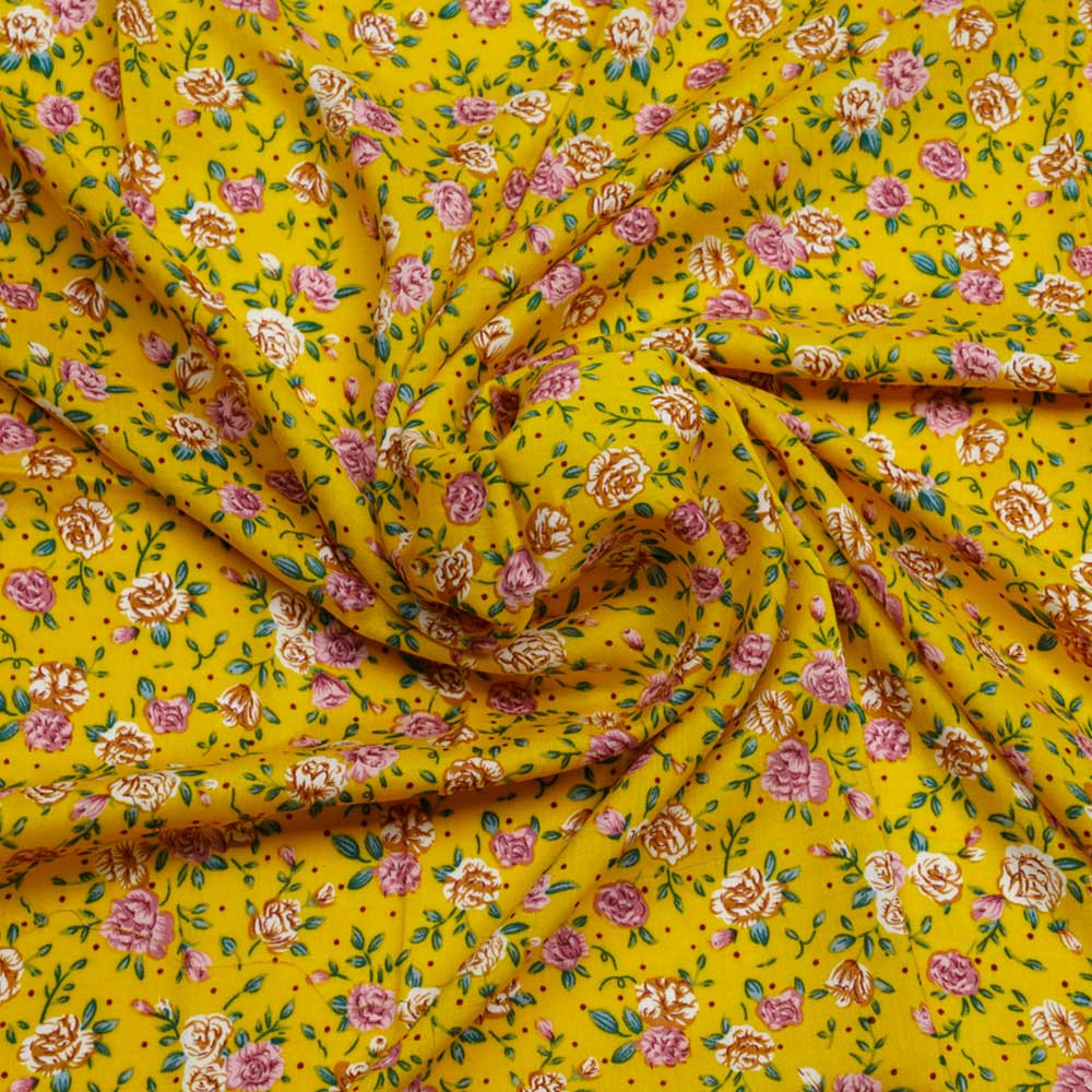 Tissu viscose petite rose vieux rose, orange et vert  | Pretty Mercerie | Mercerie en ligne