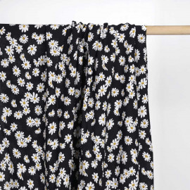 Tissu viscose noir à motif daisy blanc et moutarde | Pretty mercerie | mercerie en ligne