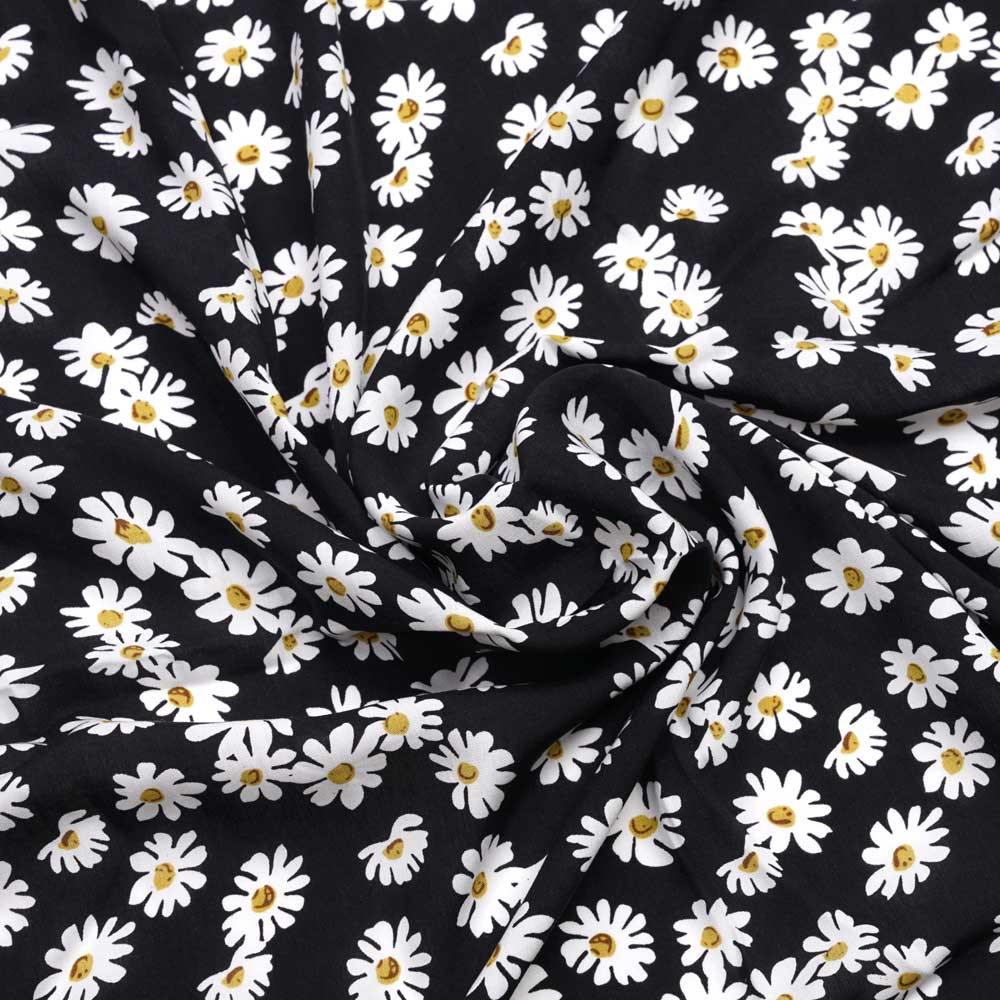 Tissu viscose noir à motif daisy blanc et moutarde | Pretty mercerie | mercerie en ligne