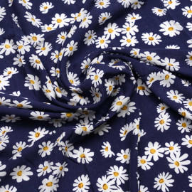 Tissu viscose bleu Twilight à motif daisy blanc et moutarde | Pretty mercerie | mercerie en ligne