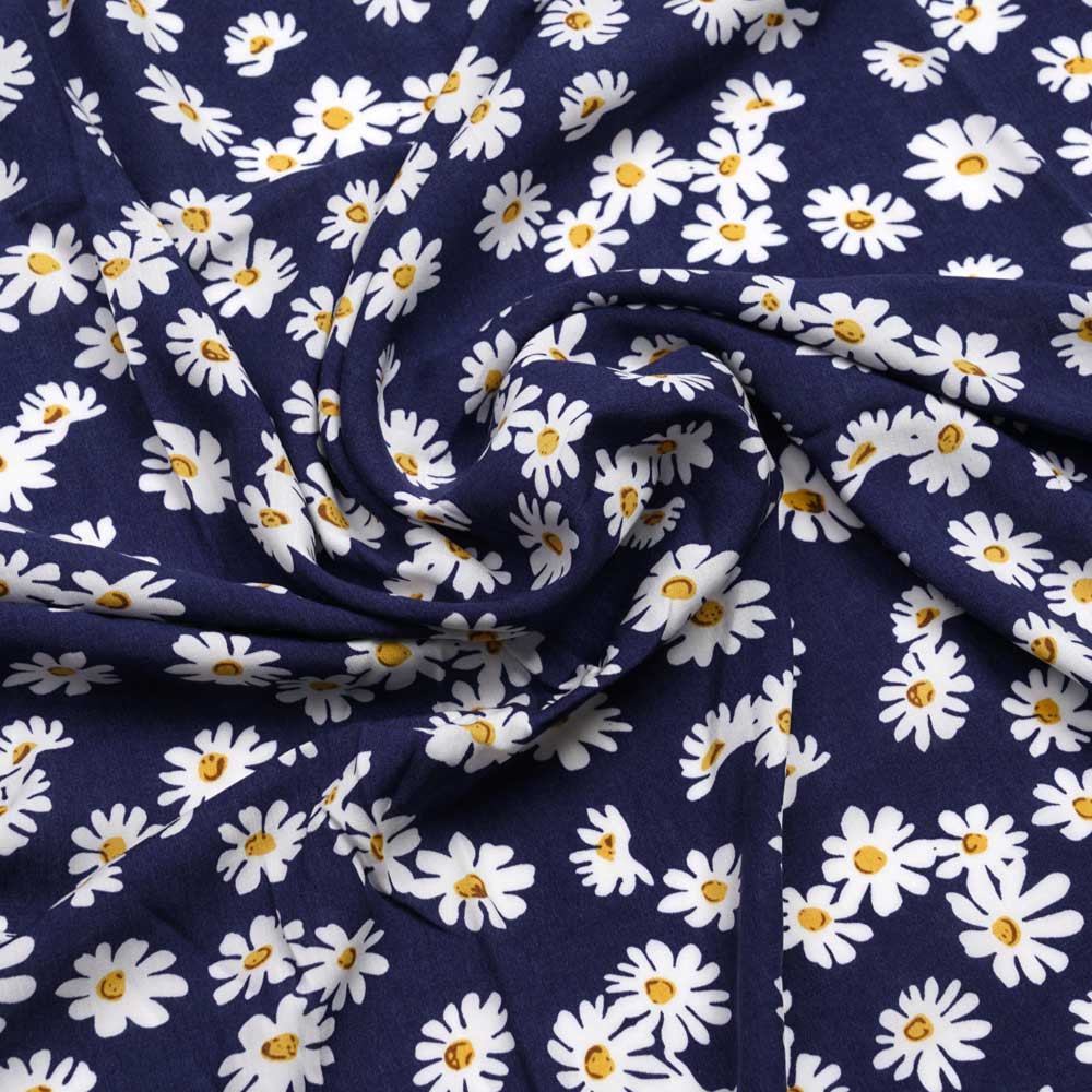 Tissu viscose noir à motif daisy blanc et moutarde | Pretty mercerie | mercerie en ligne