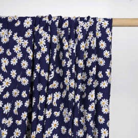 Tissu viscose bleu Twilight à motif daisy blanc et moutarde | Pretty mercerie | mercerie en ligne