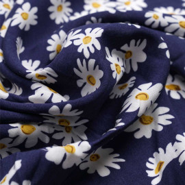 Tissu viscose bleu Twilight à motif daisy blanc et moutarde | Pretty mercerie | mercerie en ligne