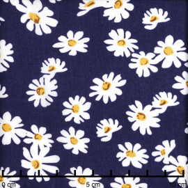 Tissu viscose bleu Twilight à motif daisy blanc et moutarde | Pretty mercerie | mercerie en ligne