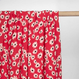 Tissu viscose rouge poppy à motif daisy blanc et noir | Pretty mercerie | mercerie en ligne