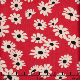 Tissu viscose rouge poppy à motif daisy blanc et moutarde | Pretty mercerie | mercerie en ligne
