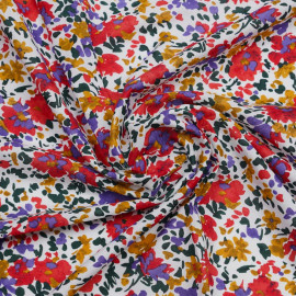 Tissu coton blanc à motif bouquet de fleur rouge, moutarde, vert et lavande| Pretty Mercerie | Mercerie en ligne