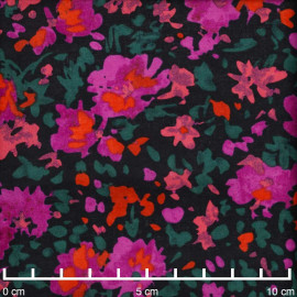Tissu coton noir à motif bouquet de fleur violet, orange, vert et corail| Pretty Mercerie | Mercerie en ligne