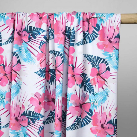 Tissu maillot de bain blanc à motif aloha corail, fuchsia, vert, bleu | Pretty Mercerie | Mercerie en ligne
